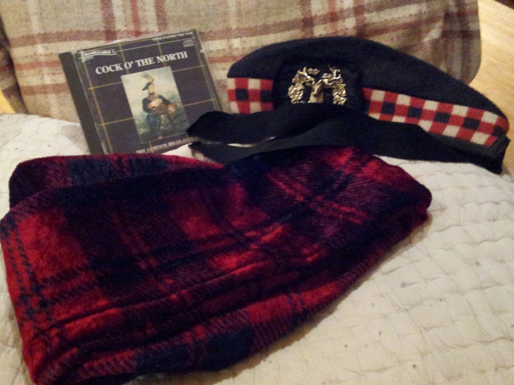 Burns' Night wouldn't be Burns' Night without bagpipe music, tartan trews and a glengarry bonnet (kindly donated by a neighbour)